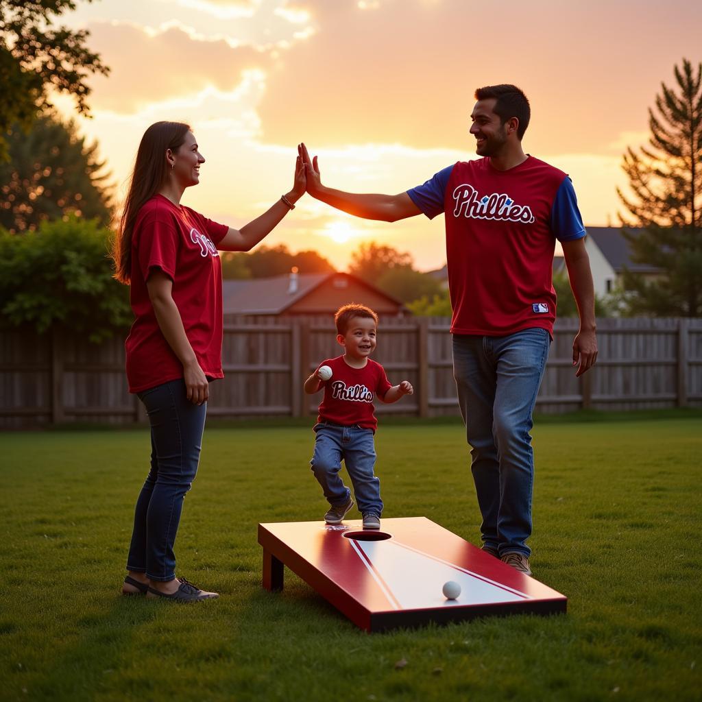 Family Playing Cornhole in their Backyard