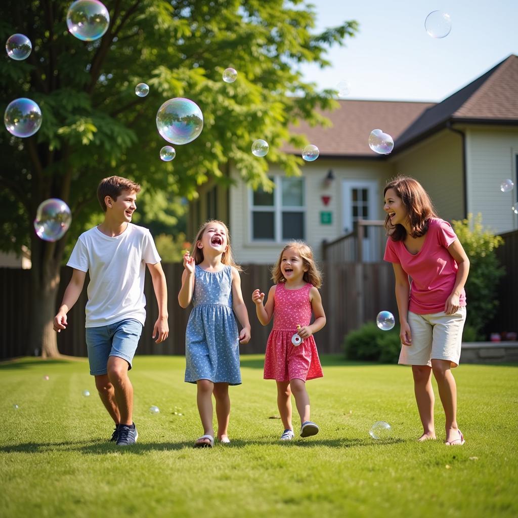 Family having a bubble blowing contest in their backyard