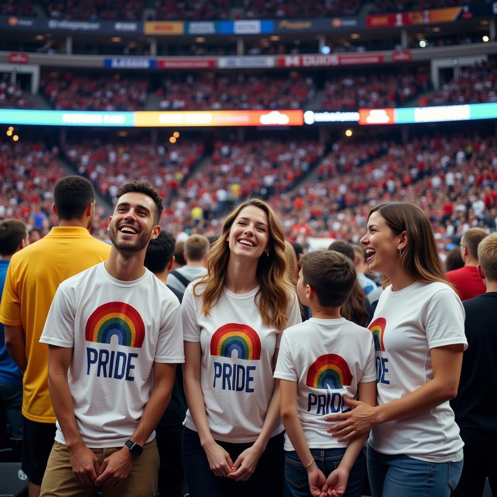 Family wearing matching pride shirts at a sports stadium