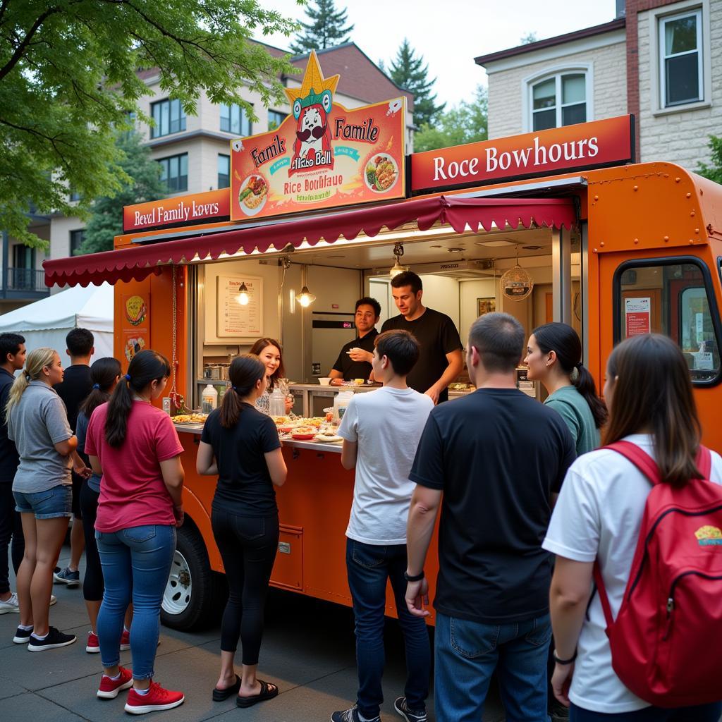 Family-owned food truck serving delicious rice bowls to hungry customers