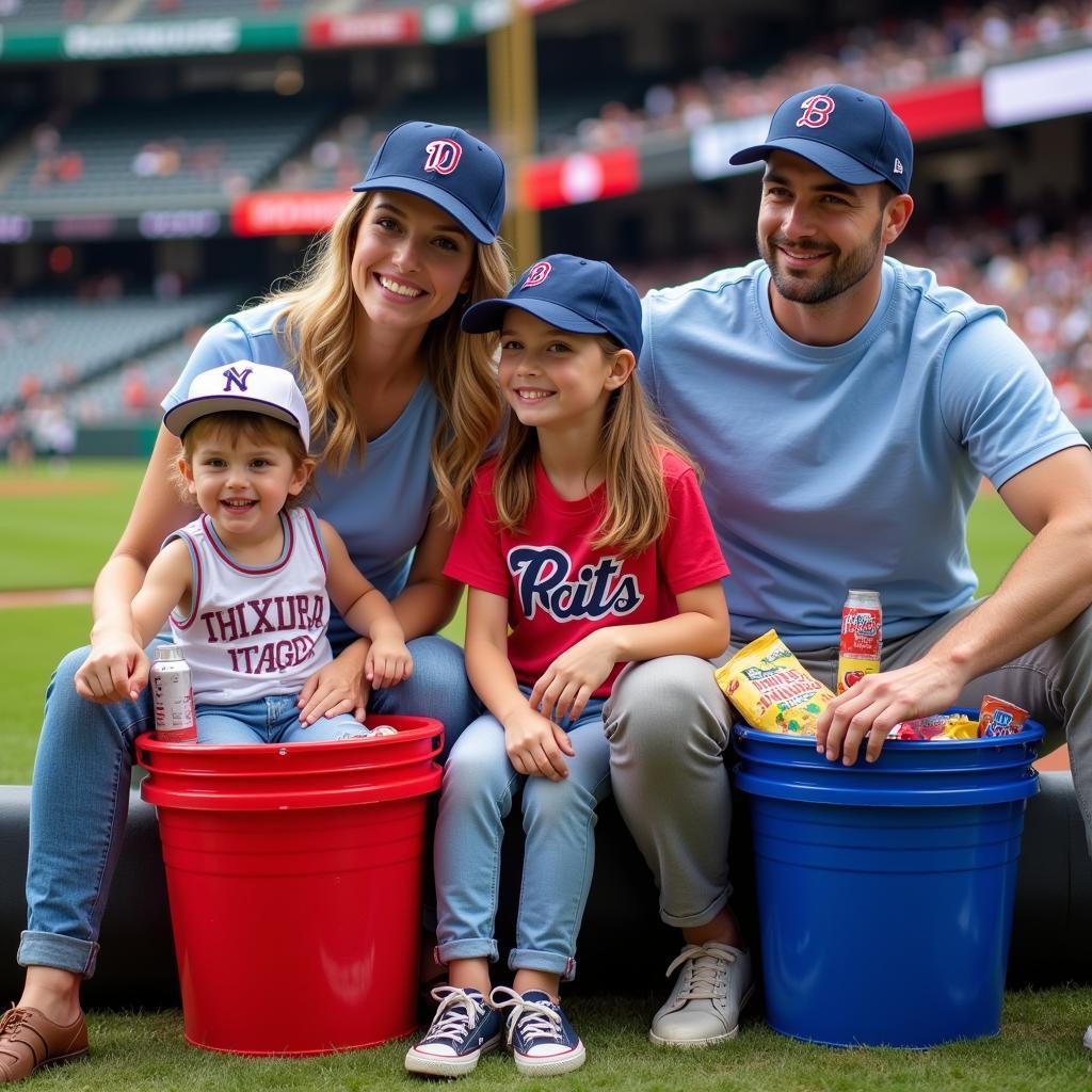 Family enjoying a baseball game using padded baseball buckets