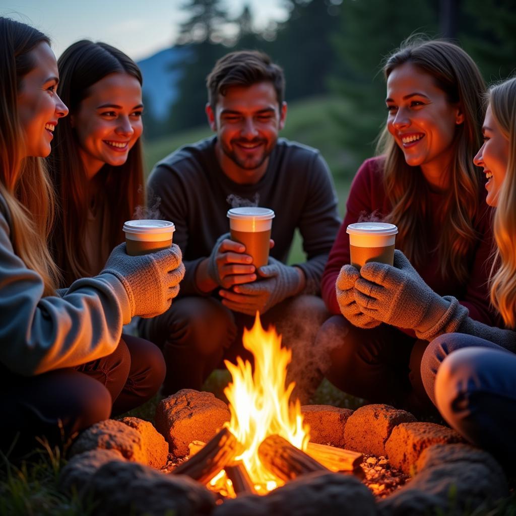 A family enjoying hot drinks in drink mittens while camping