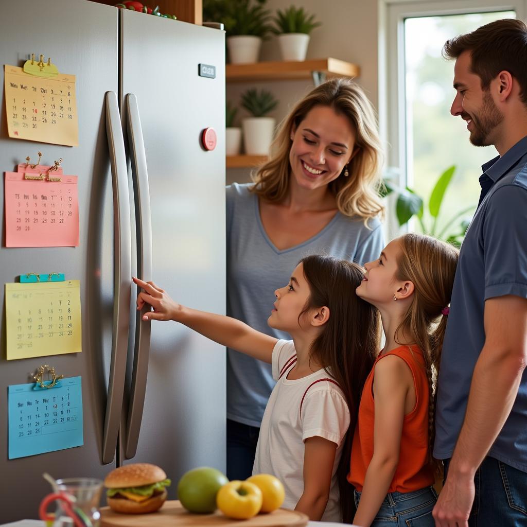 Family using magnetic calendar months for organization