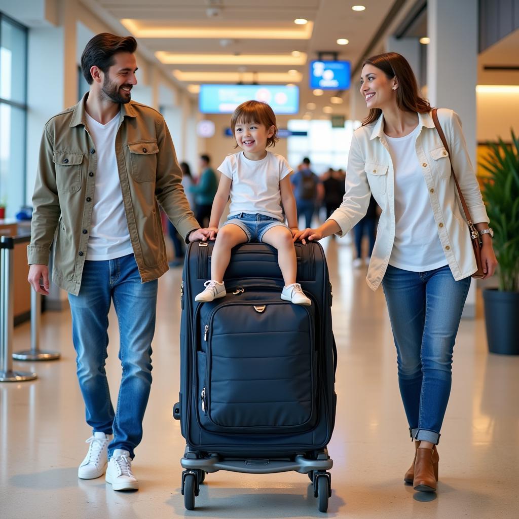 A family effortlessly travels through the airport with a slugger cart