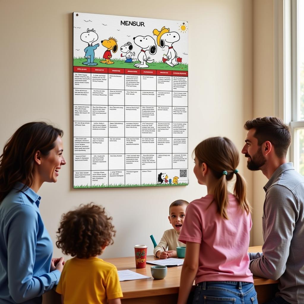 Family using a Snoopy calendar to coordinate their schedules