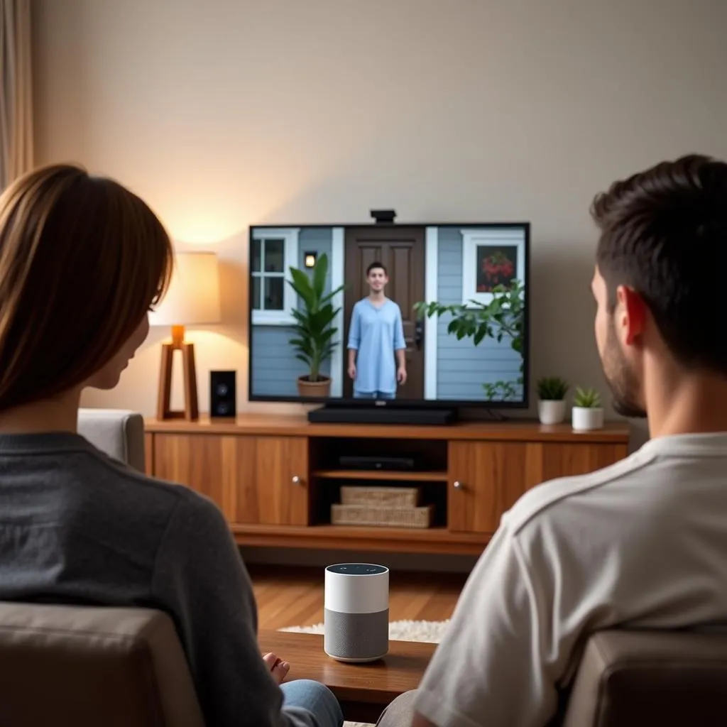 Family interacting with their smart home system using voice commands to view the live feed from their doorbell camera.