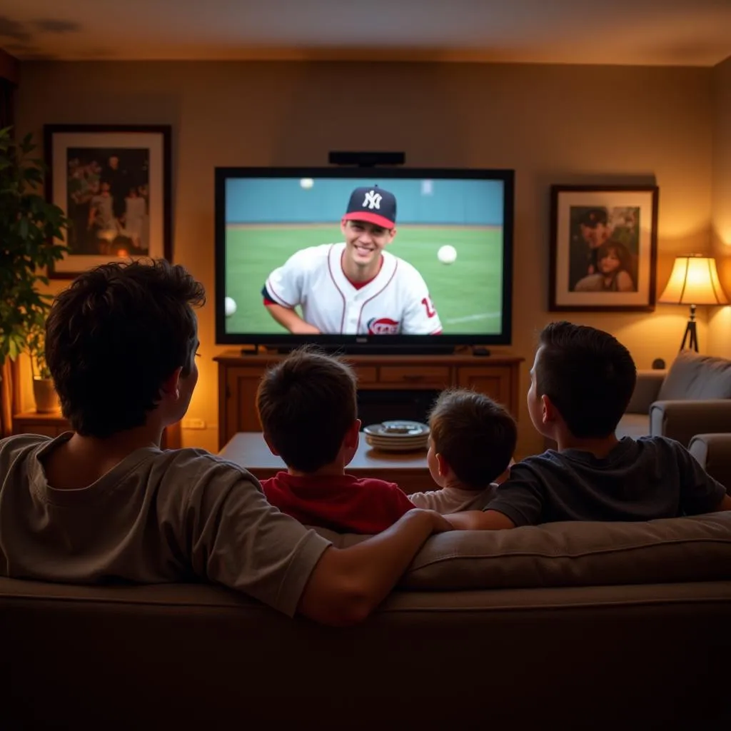 Family gathered in a cozy living room, watching a classic baseball movie on TV.