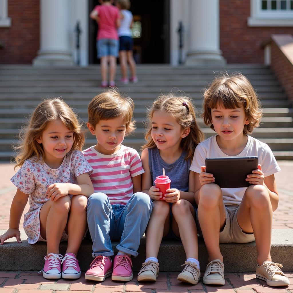 Family sitting on the steps of Faneuil Hall watching Cocomelon on a tablet