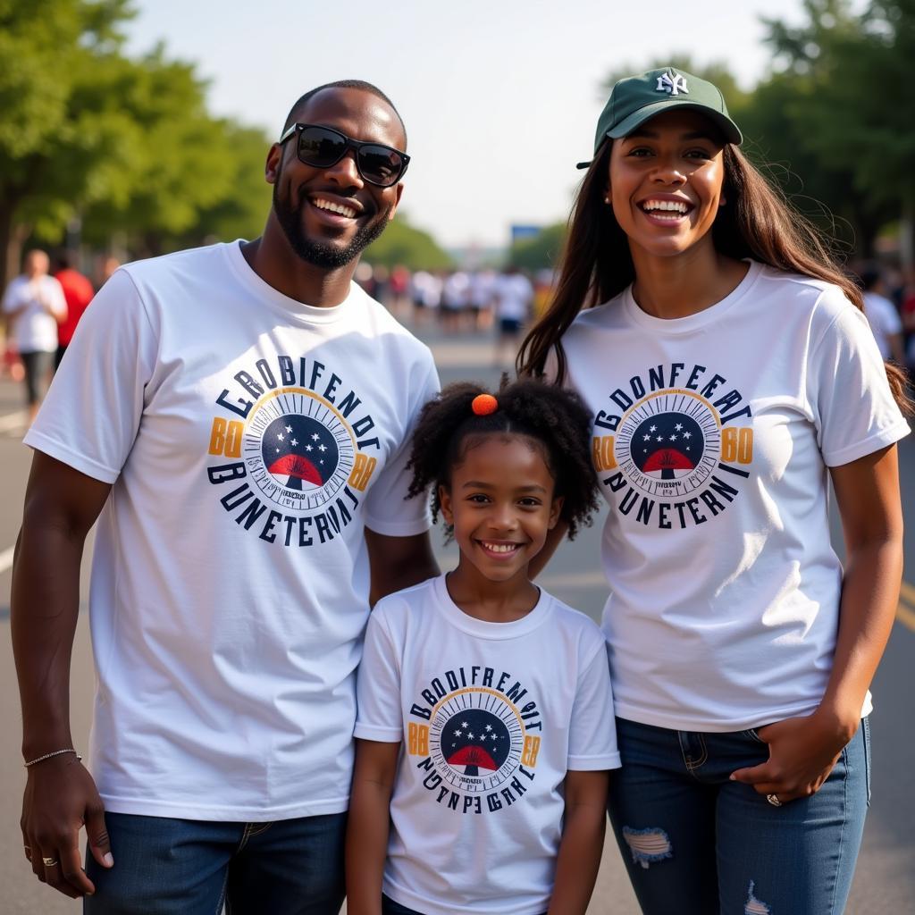 A family wearing matching Juneteenth t-shirts at a parade