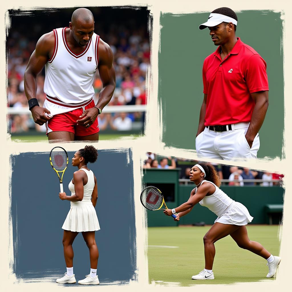 Michael Jordan adjusting his shorts, Tiger Woods in his signature red shirt, and Serena Williams bouncing the ball a specific number of times before serving.