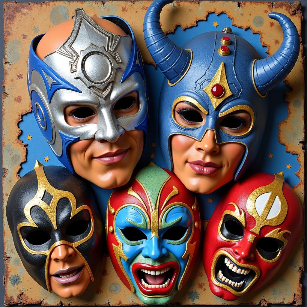 A collage featuring iconic luchador masks, showcasing a range of designs and the stories behind them.