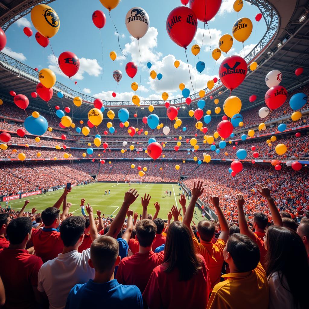 Fans cheering with fan balloons at a stadium