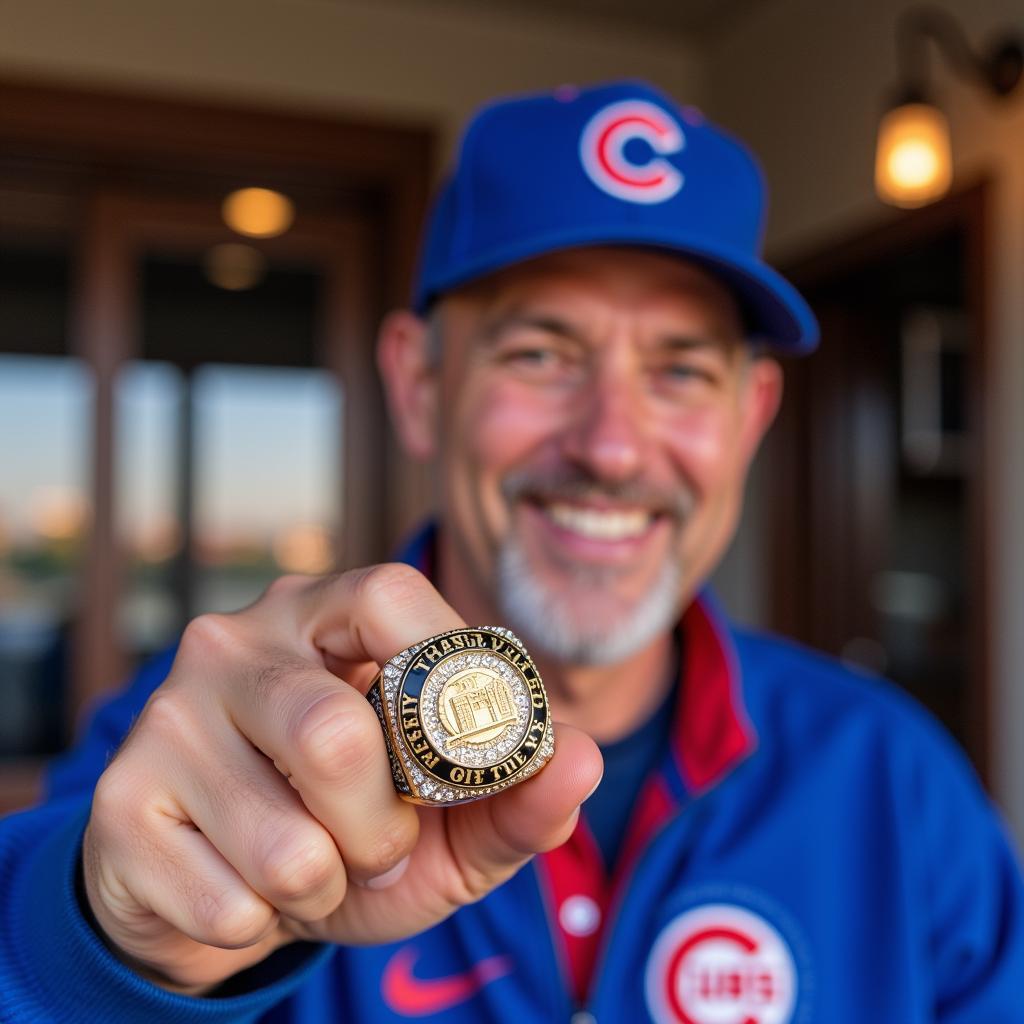 A fan proudly displays his Cubs World Series ring replica