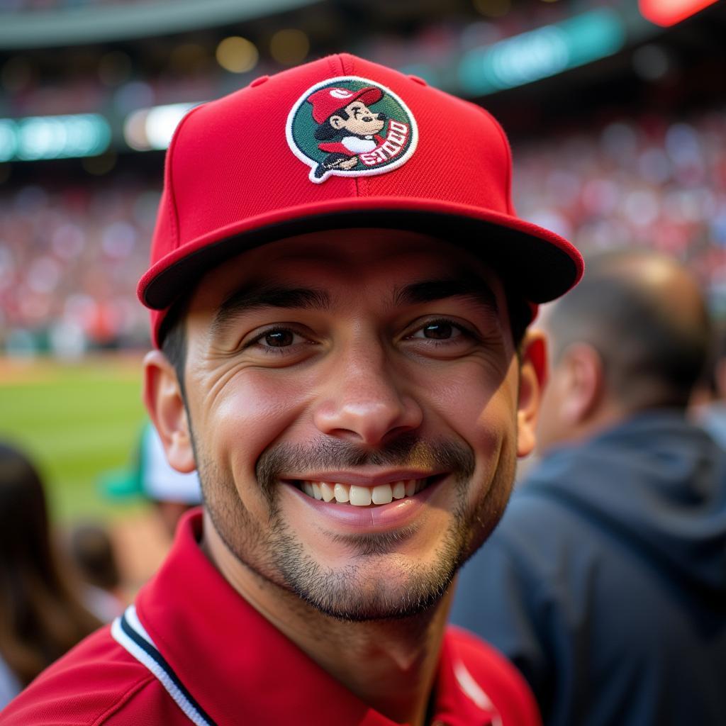 A fan proudly sports a Mexican League baseball hat at a game.