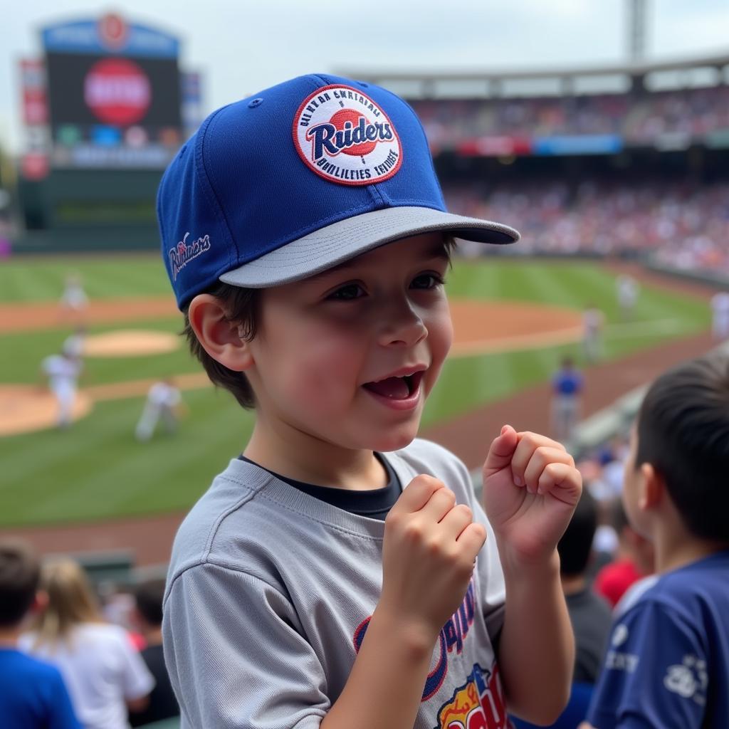 A fan proudly wears a Scranton/Wilkes-Barre RailRiders minor league hat at a baseball game.