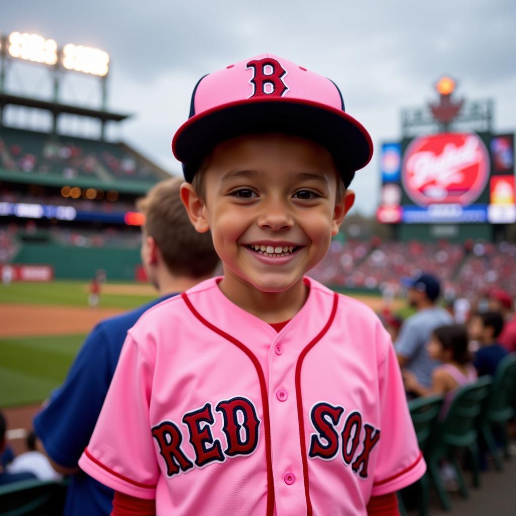 A young fan wearing a pink Red Sox jersey at Fenway Park