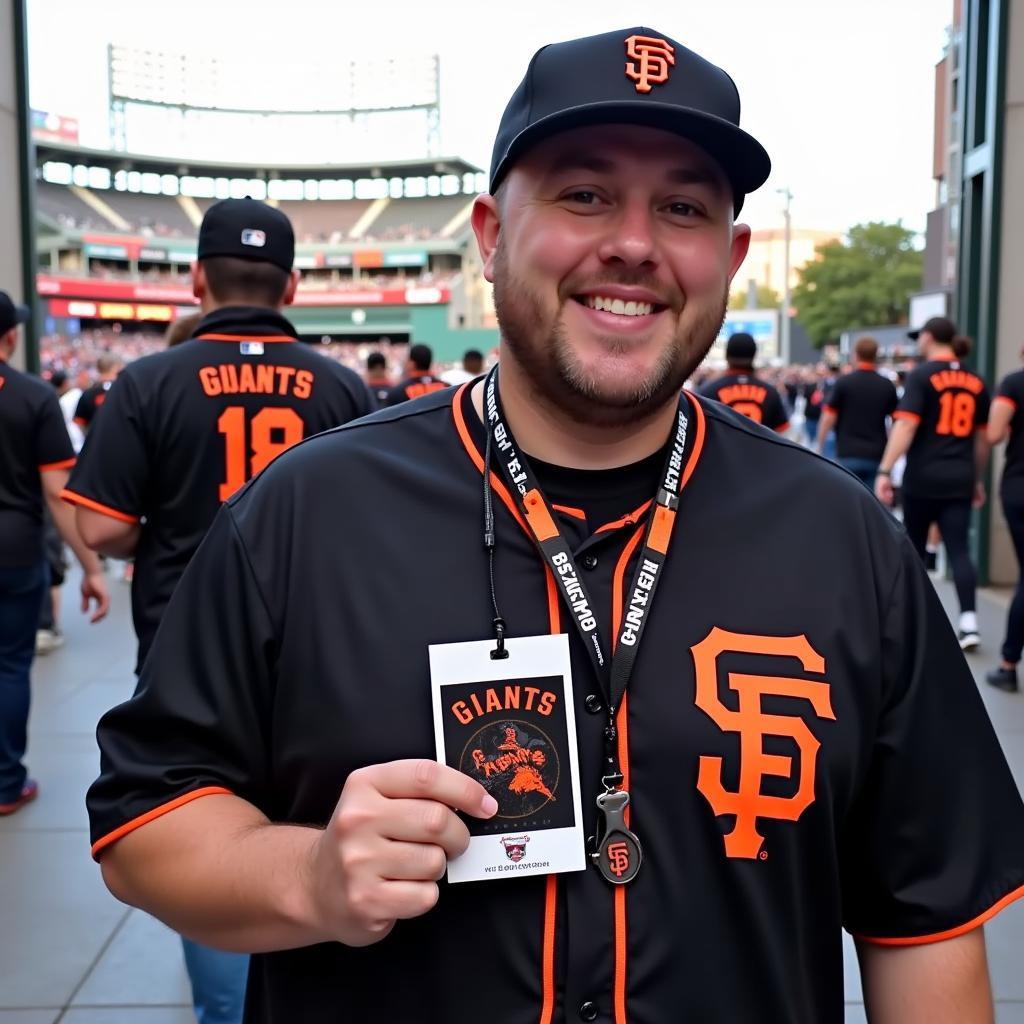 Fan Showing off SF Giants Lanyard at Oracle Park