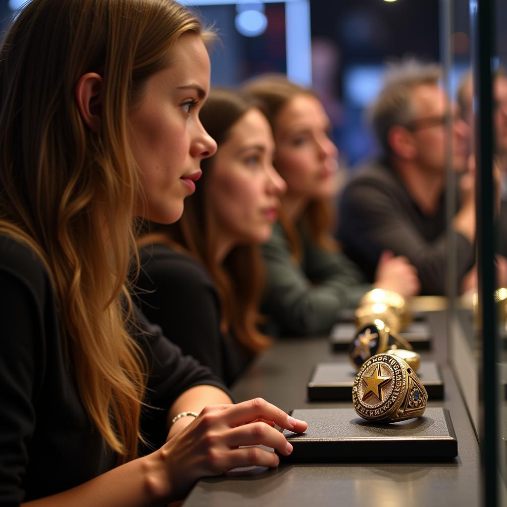 Fans gathered around a display case, looking at an all-star ring.