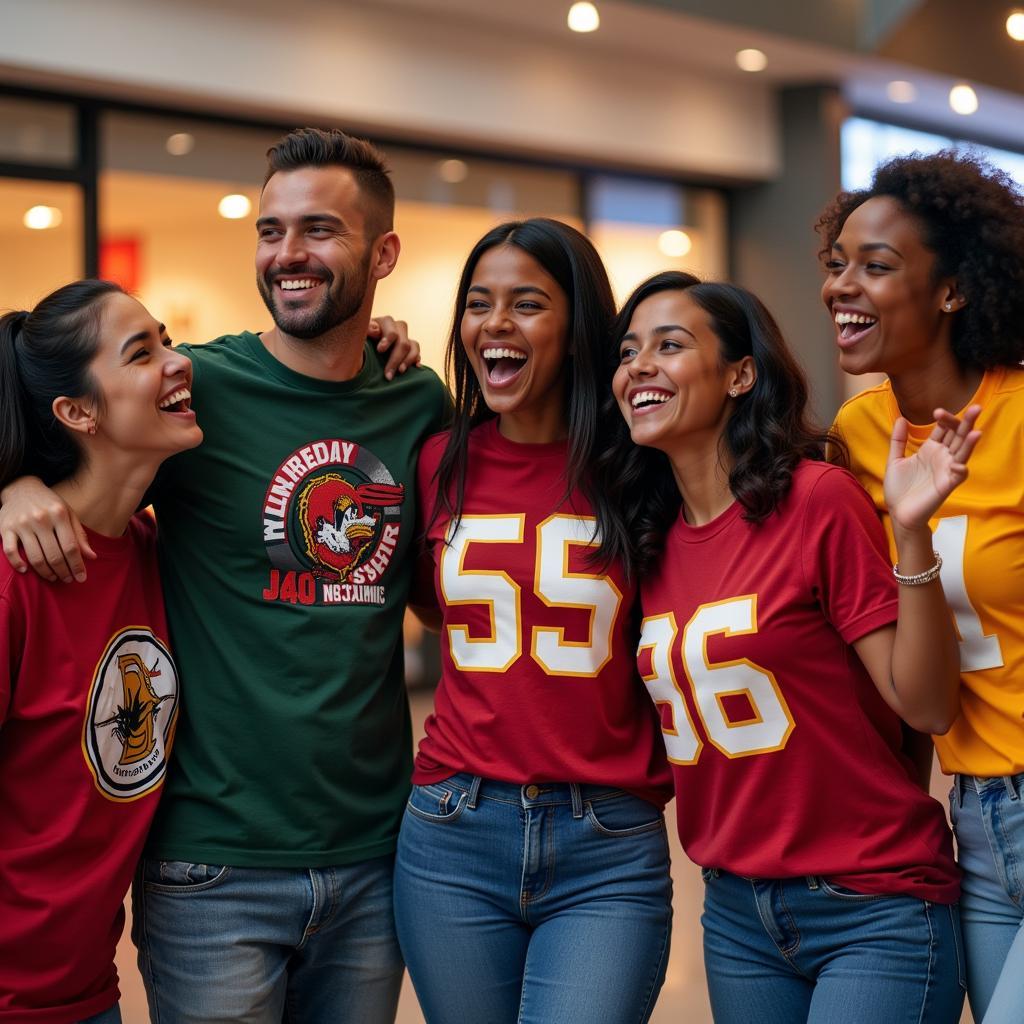 Group of friends excitedly showing off their new football shirts purchased during Black Friday sales.