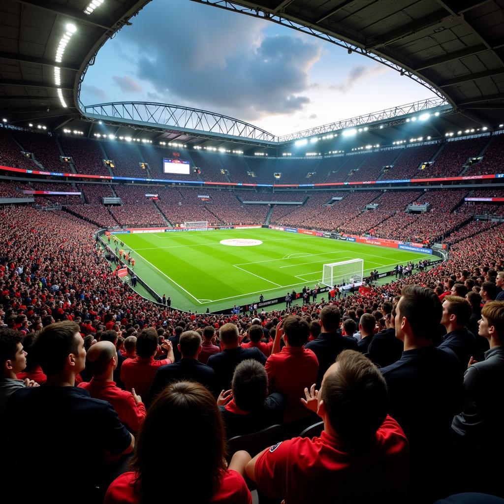 A sea of fans passionately cheering in a packed stadium, wearing their team's black and red colors.