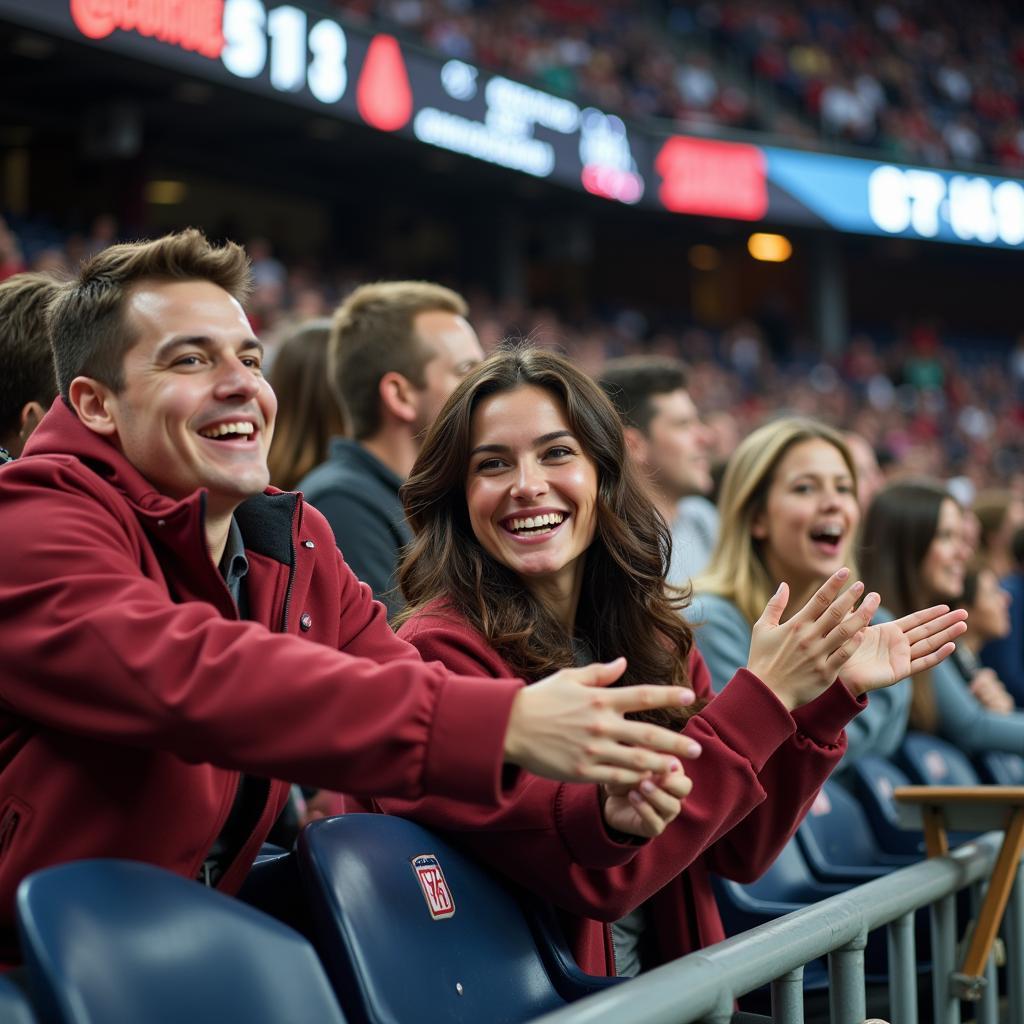 Football fans laughing together at a match