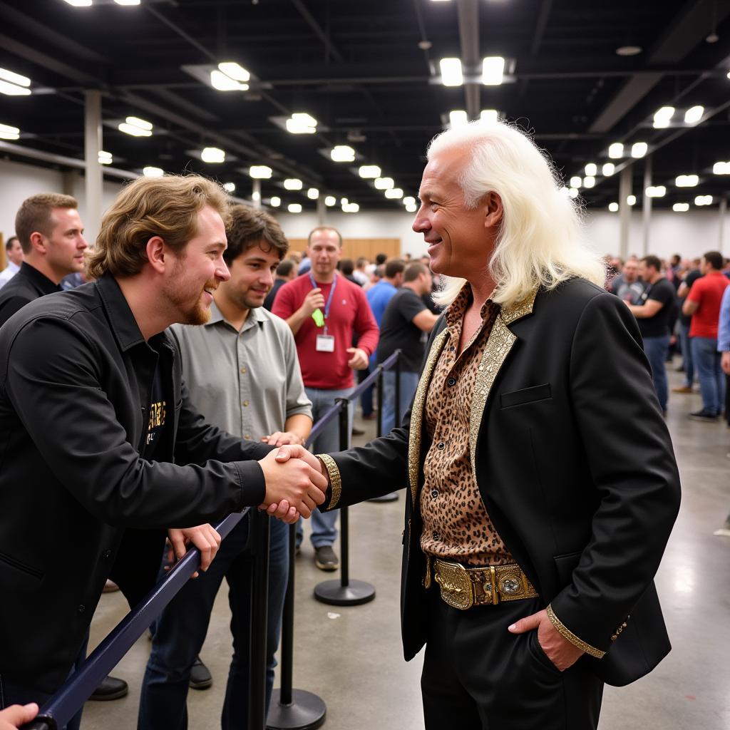 Fans line up to meet Ric Flair at a wrestling convention, with some holding memorabilia for him to sign.