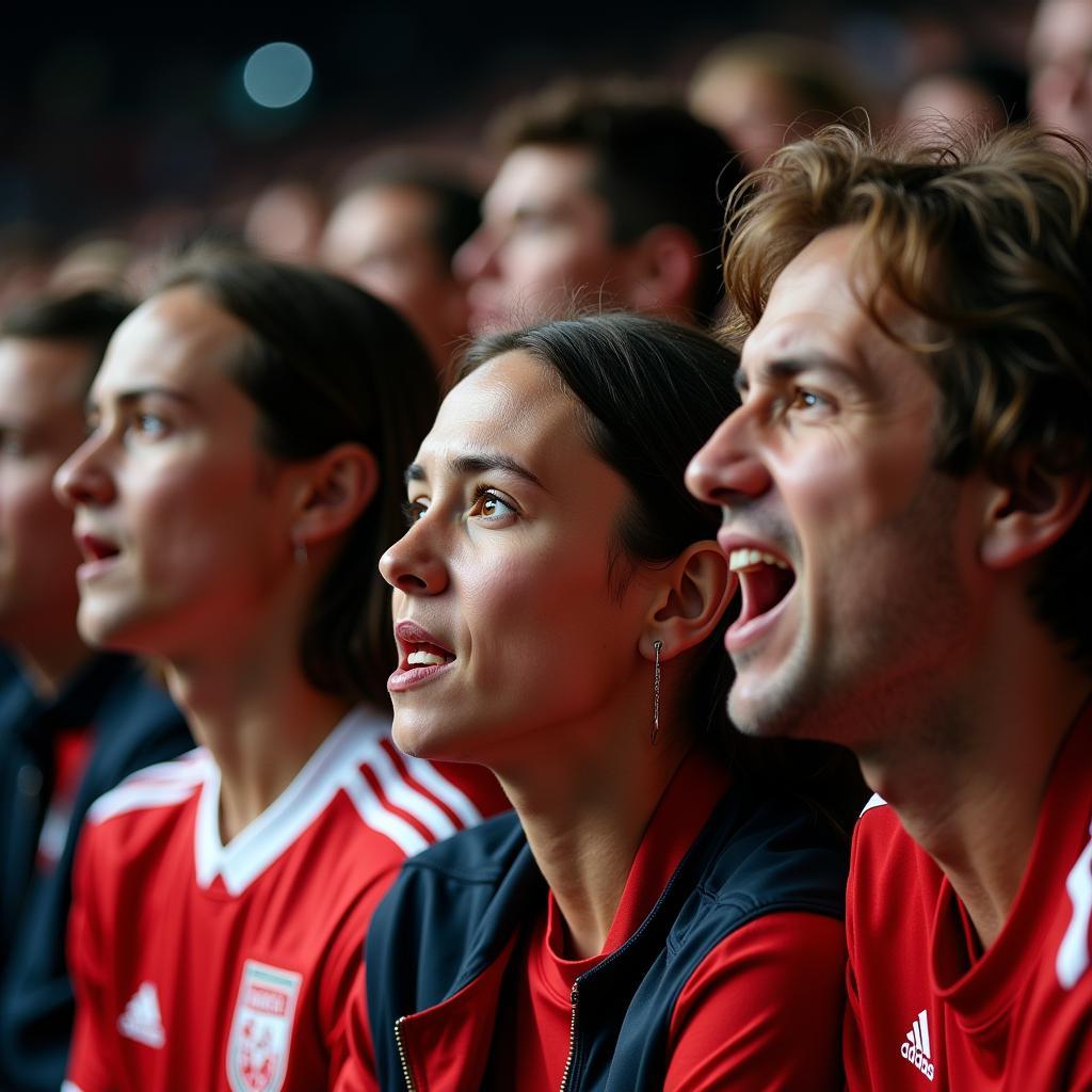 A close-up shot of fans' faces expressing a mixture of awe, disappointment, and excitement as a shot narrowly misses the goal during a crucial moment in an international game.