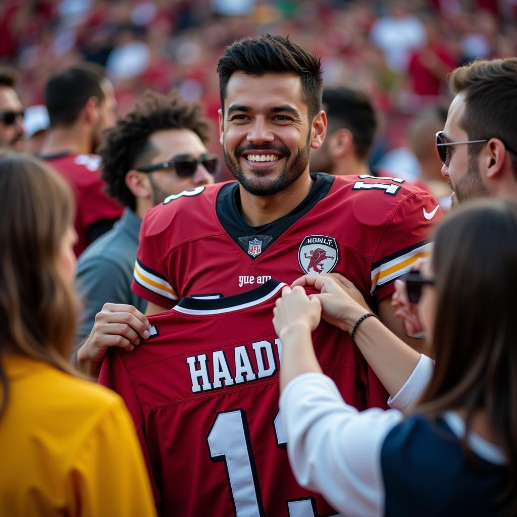 Excited football fans exchanging jerseys outside a bustling stadium