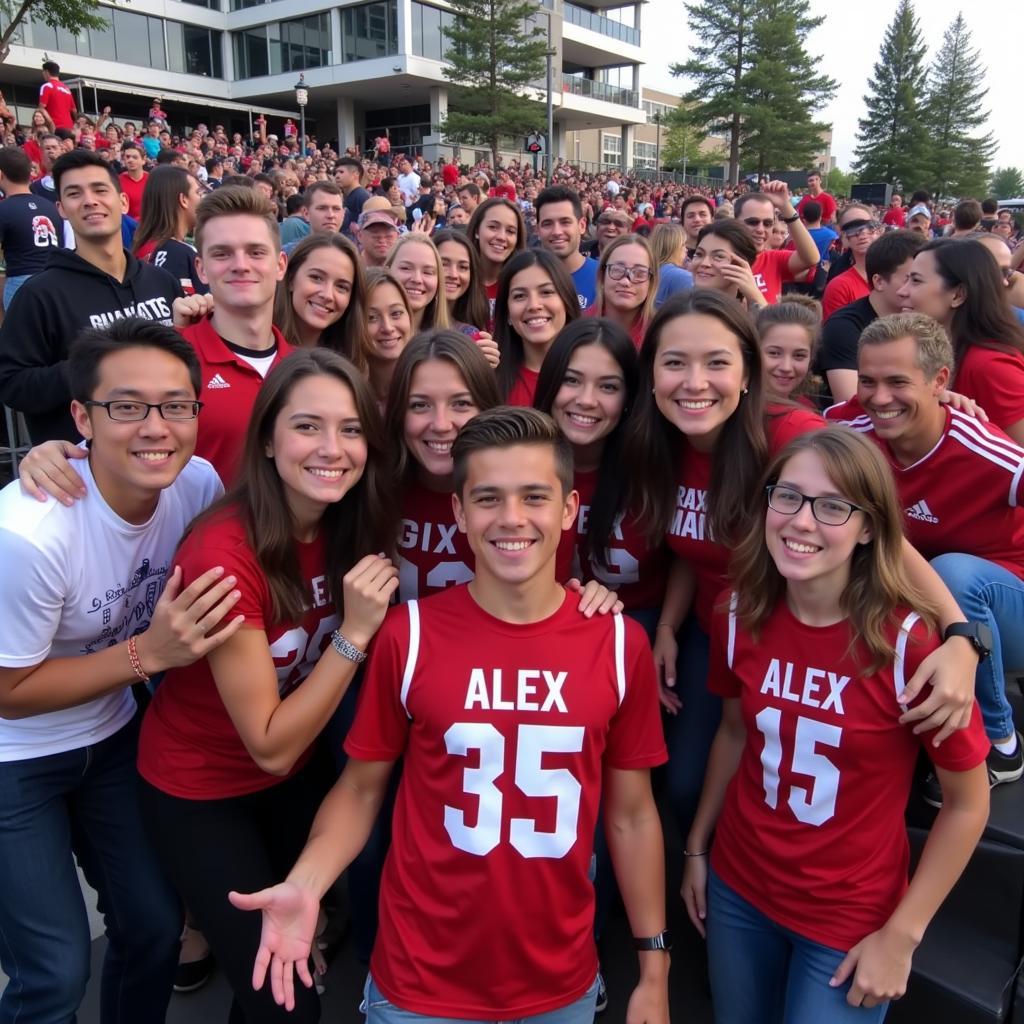 Group of excited fans wearing Alex Thomas jerseys at a game