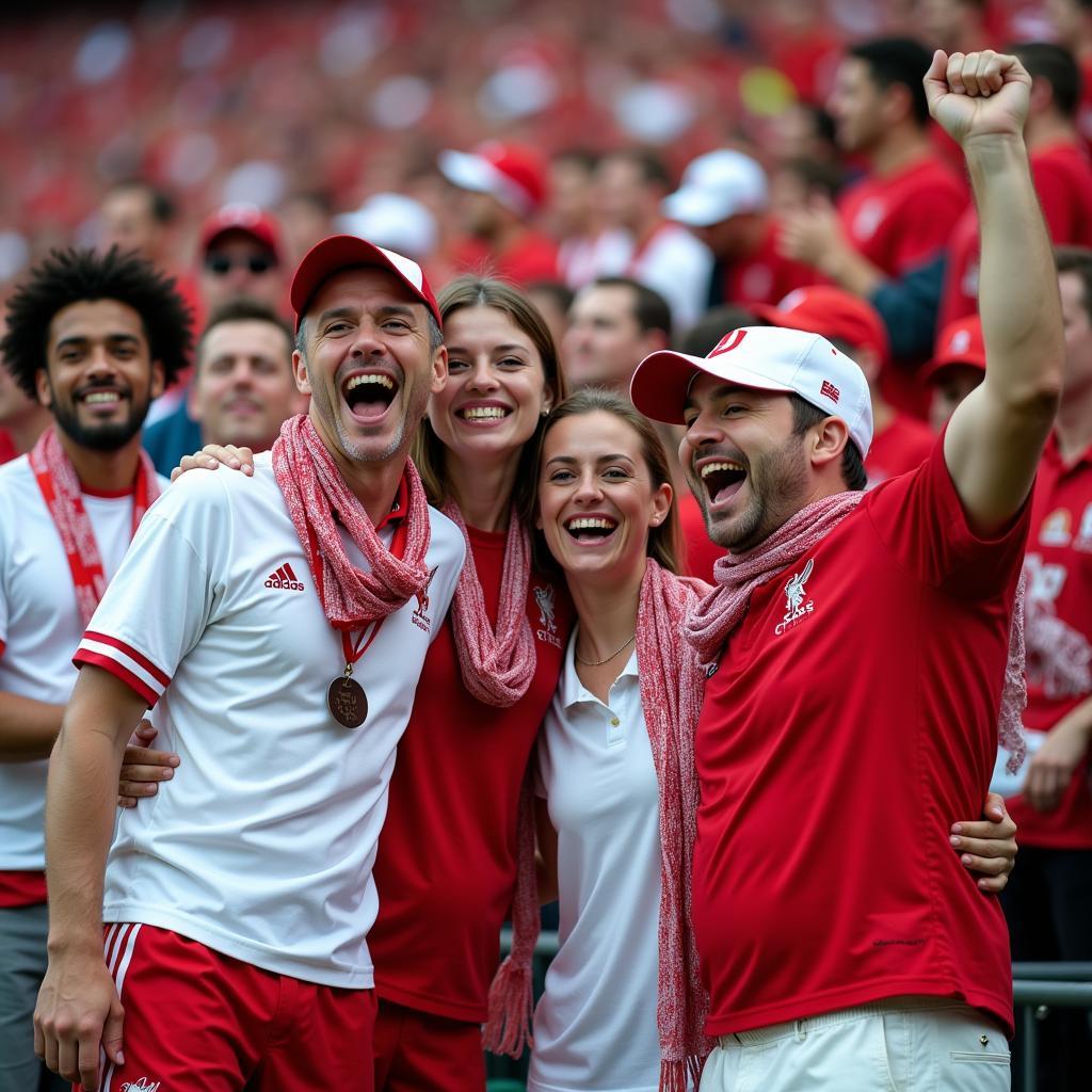 A group of excited fans wearing a variety of white and red baseball jerseys cheer enthusiastically in the stands.