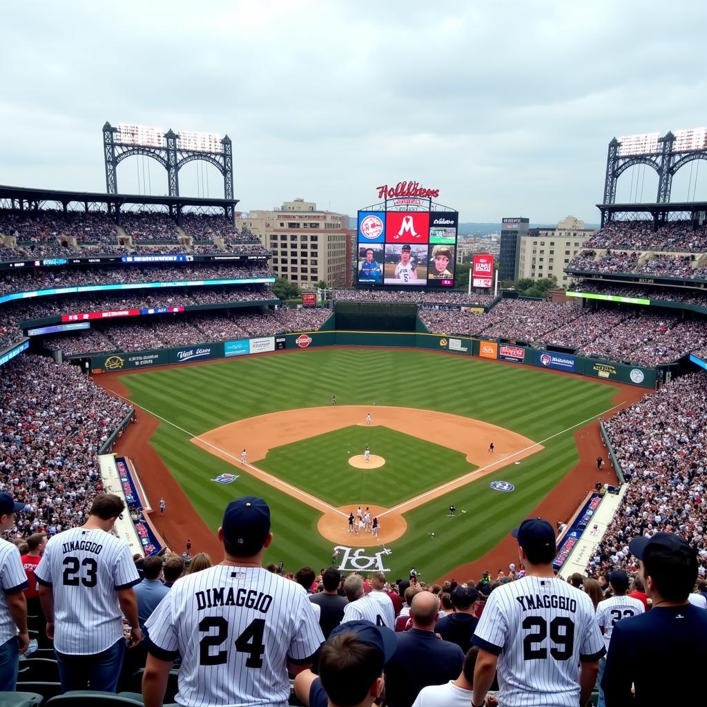 Fans wearing DiMaggio jerseys at Yankee Stadium