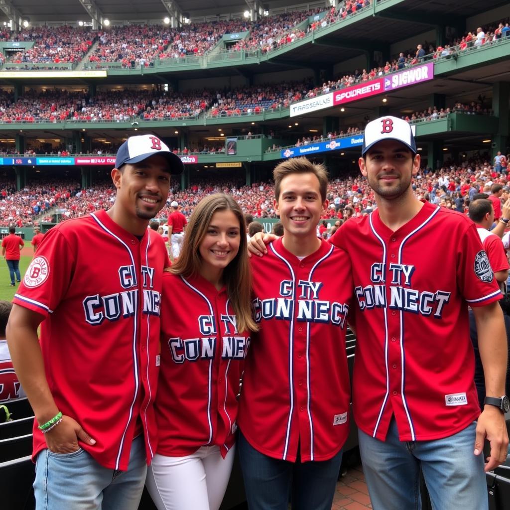 Group of fans proudly sporting the Jarren Duran City Connect jerseys at Fenway Park.