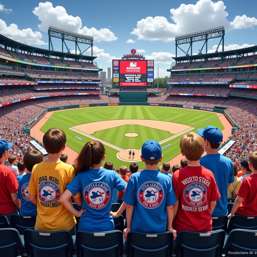 Fans wearing Little League World Series t-shirts at the stadium, cheering and enjoying the game