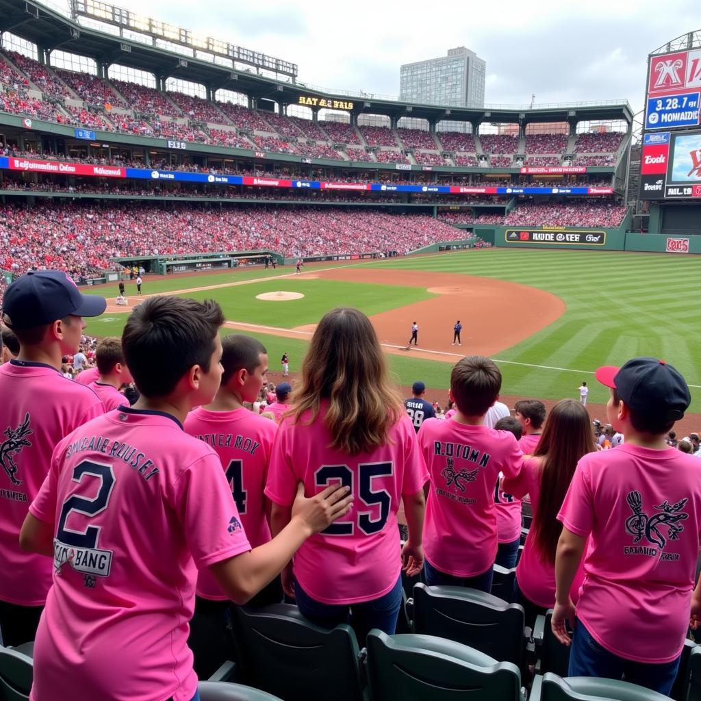 Red Sox fans proudly wearing pink jerseys at Fenway Park