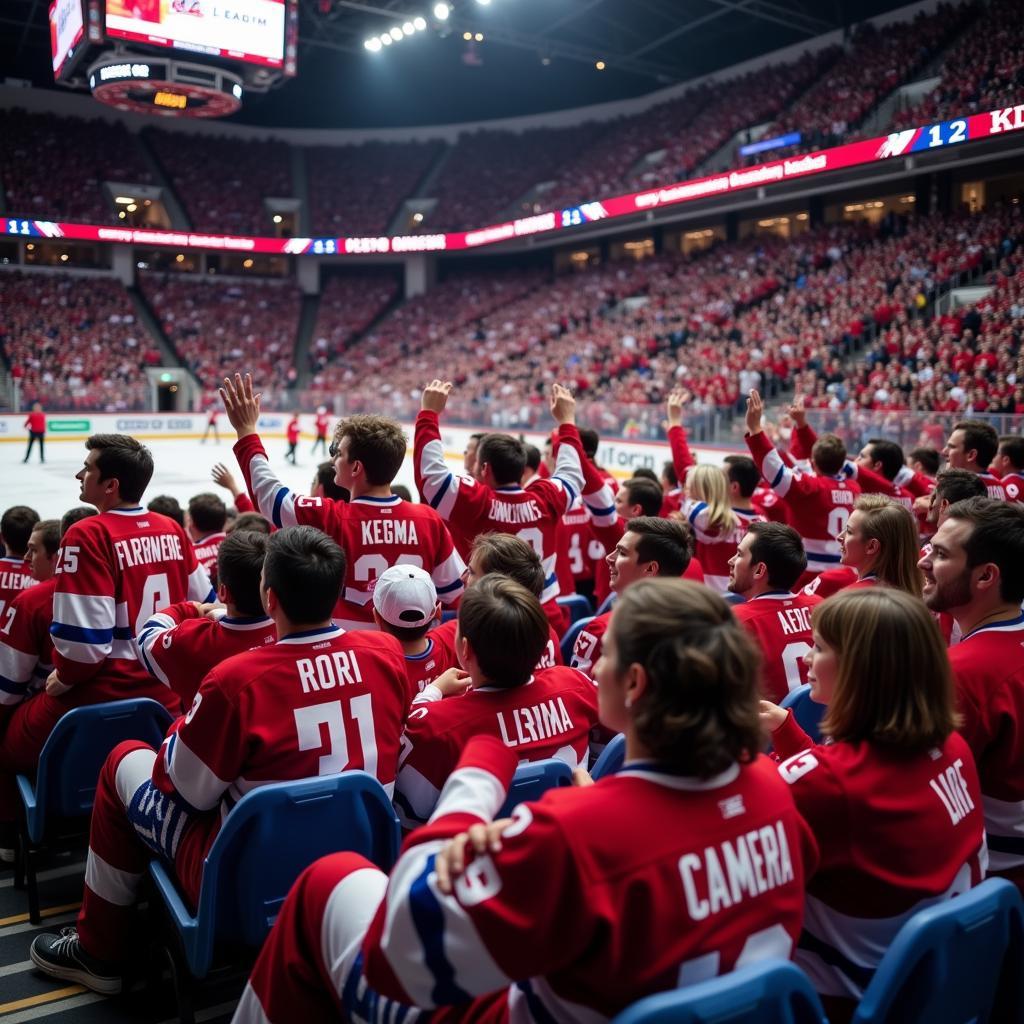 Fans Wearing Red White and Blue Hockey Jerseys in a Stadium