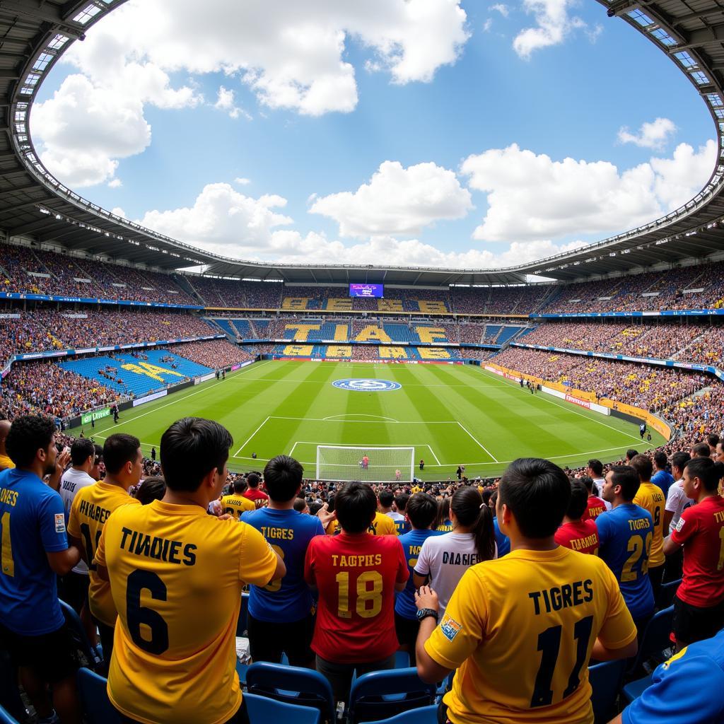 A crowd of Tigres fans sporting retro jerseys at Estadio Universitario, creating a sea of yellow and blue.