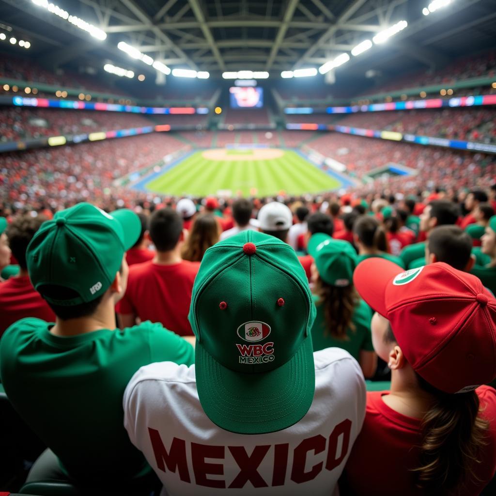 Fans in a stadium wearing WBC Mexico hats