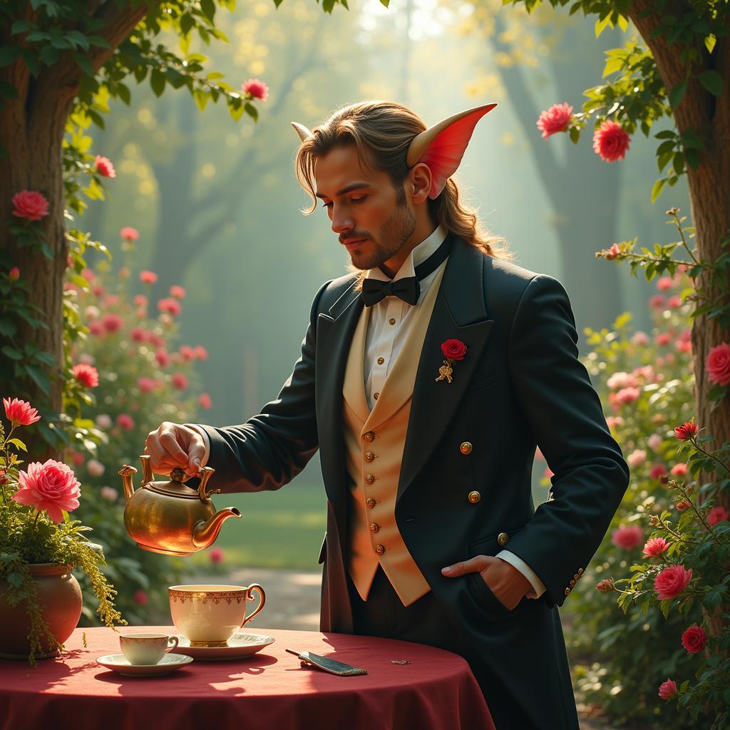 Fantasy Butler Serving Tea in Enchanted Garden