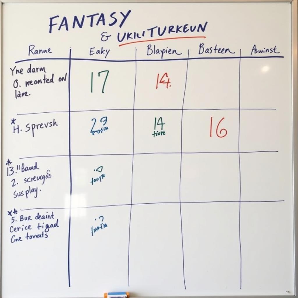 A fantasy football draft board with player names and positions.