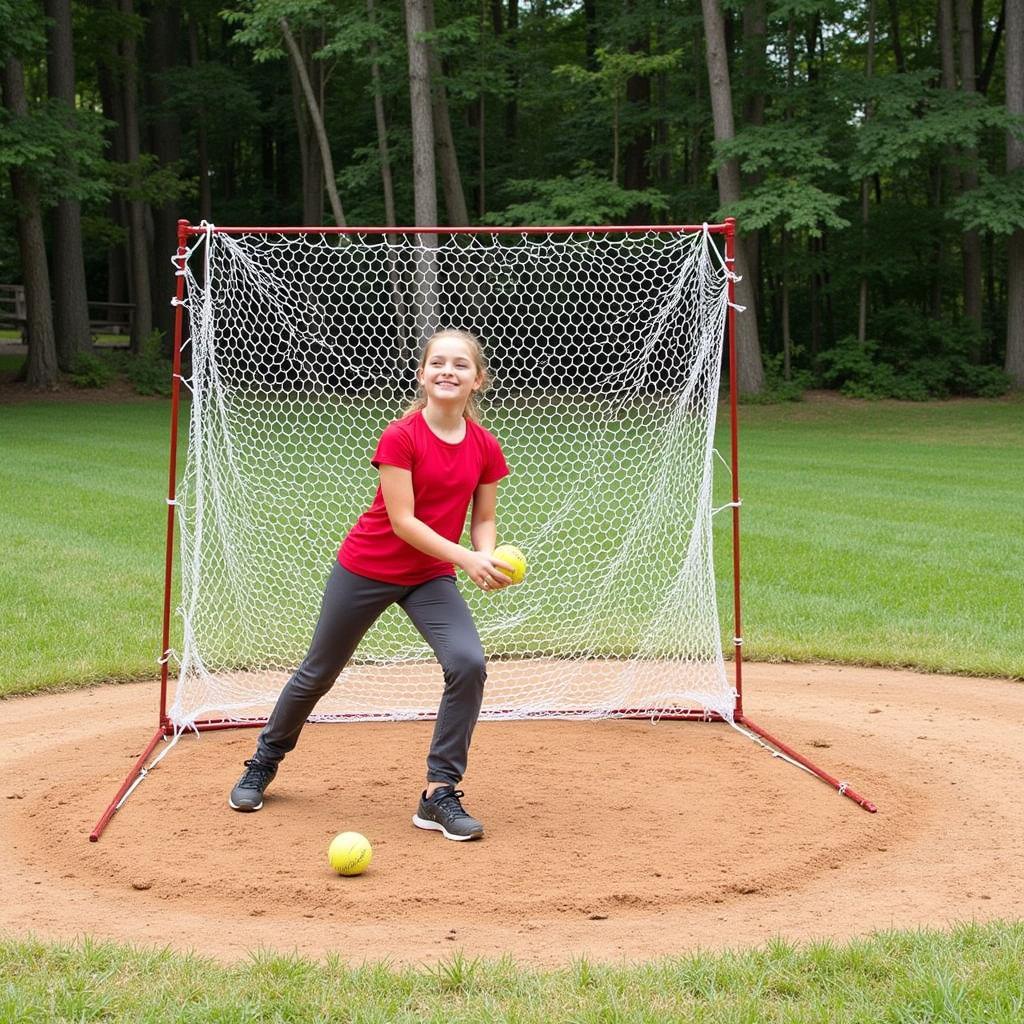 Fastpitch Softball Pitching Net in Backyard