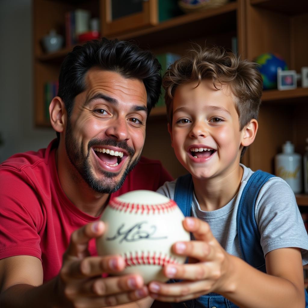 Father and son admiring a Mark Teixeira autographed baseball