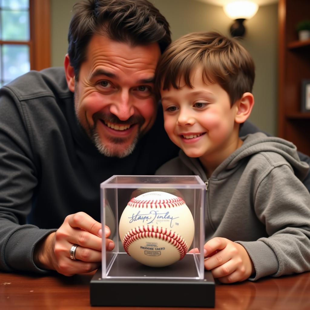 A father and son bonding over a Steve Finley autographed baseball.