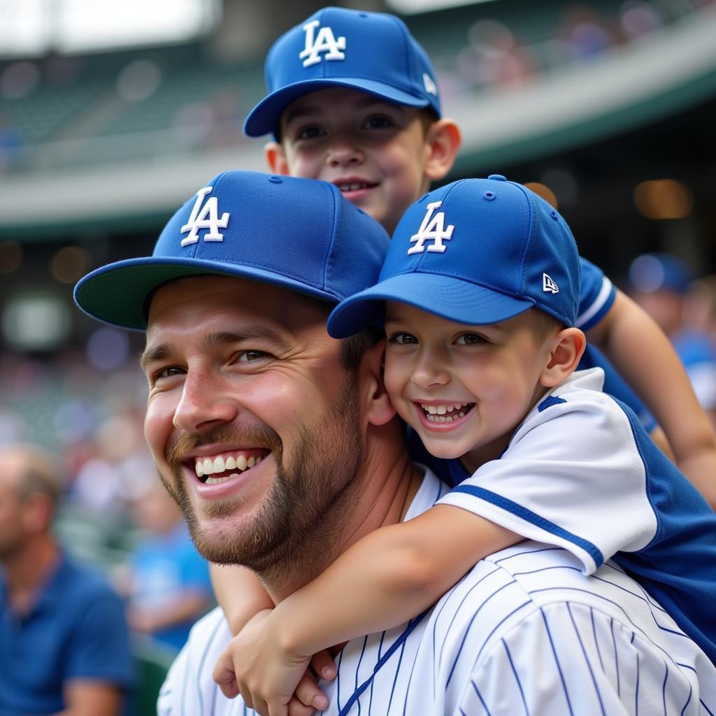 Father and son wearing matching baseball caps at a game.