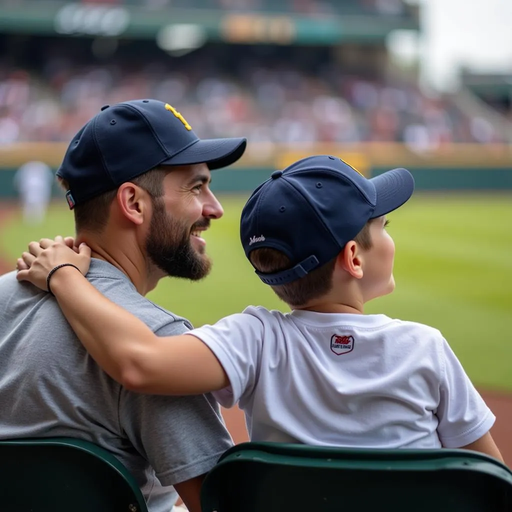 A father and son sharing a special moment while watching a baseball game.