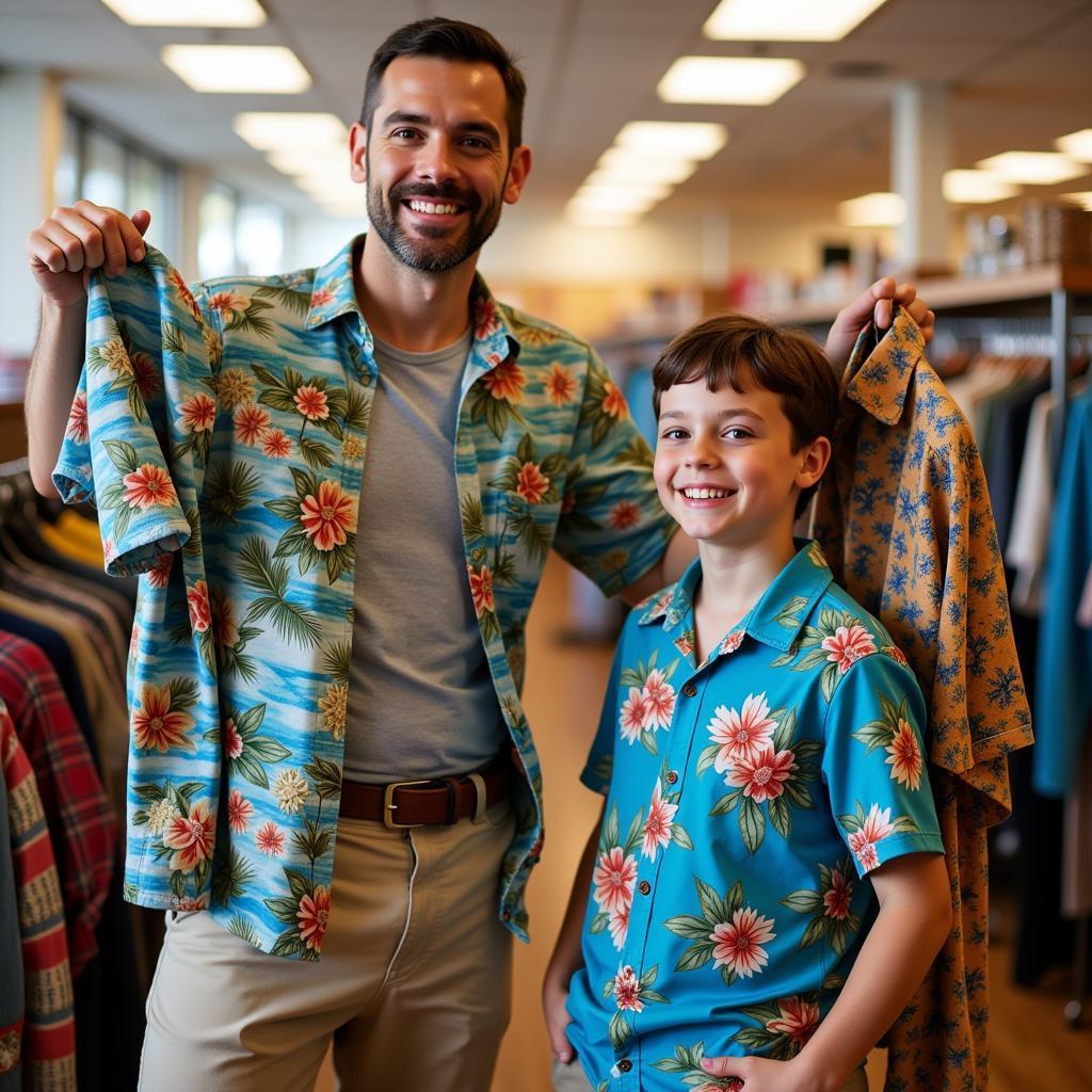 Father and son trying on different Hawaiian shirts in a store, looking at each other and laughing