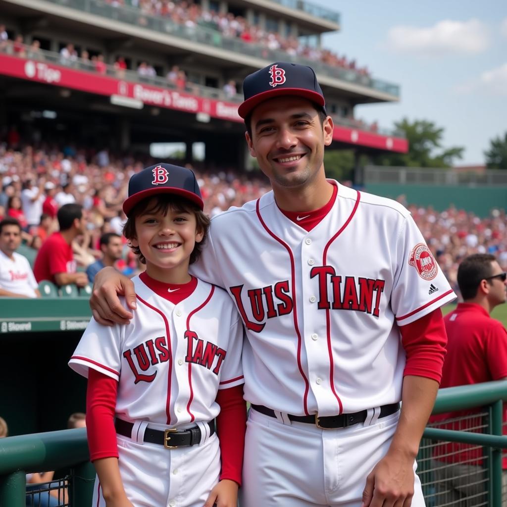 Father and son wearing matching Luis Tiant jerseys at a baseball game