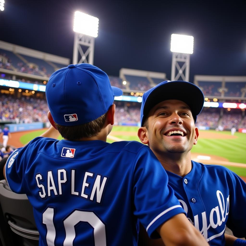 Father and son cheering at a Royals game