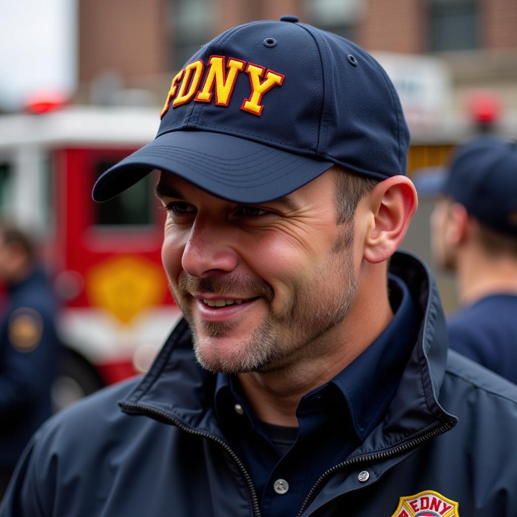 FDNY baseball hat worn by a firefighter