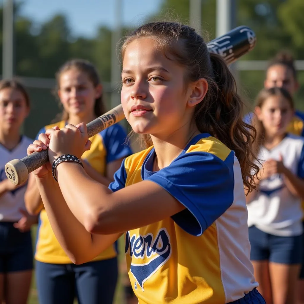 A focused female softball player confidently steps into the batter's box.