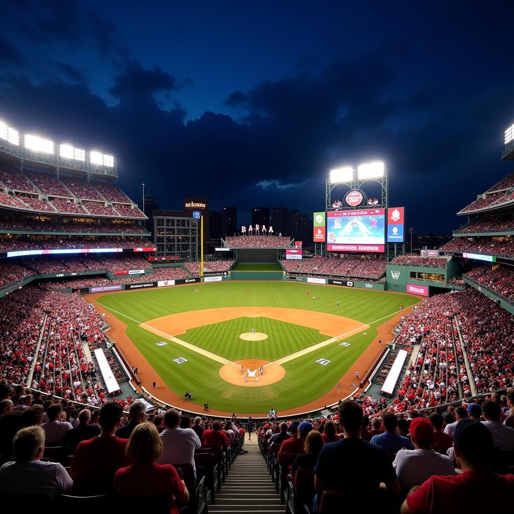 Fenway Park illuminated at night with cheering fans during a game